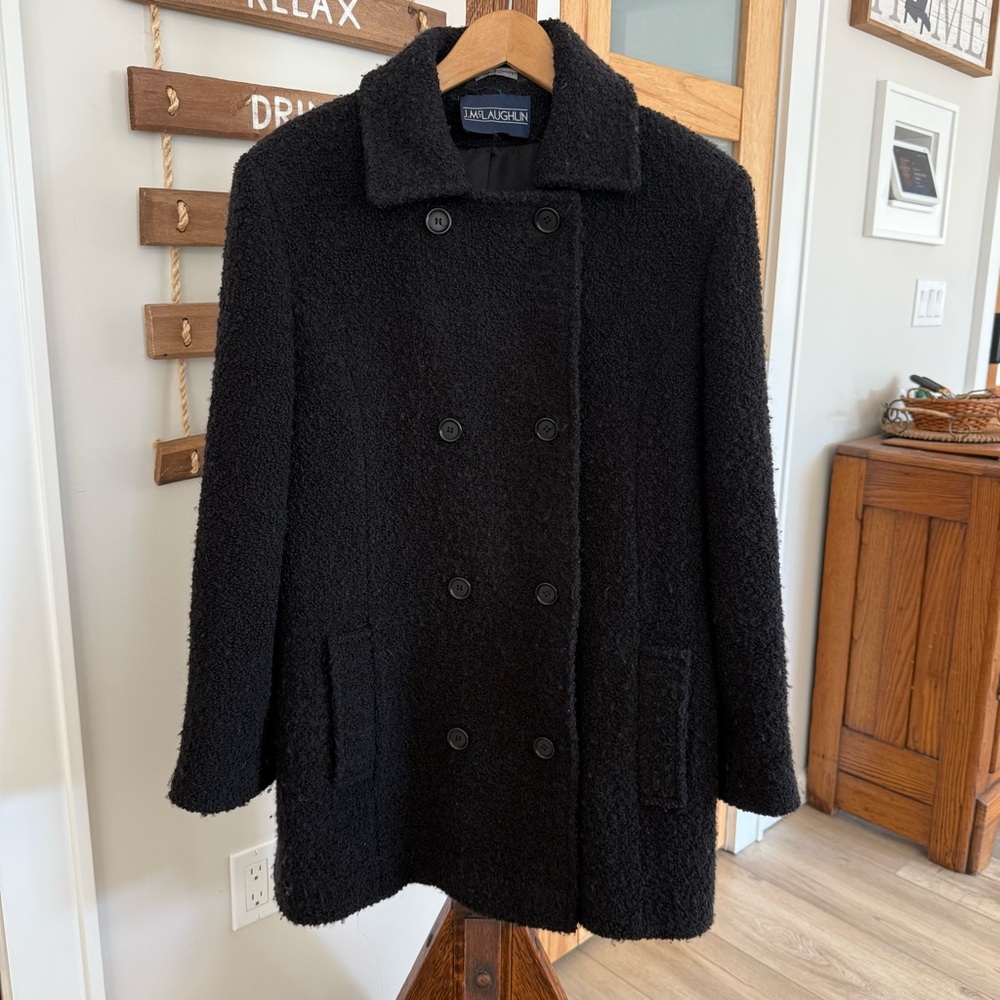 J.McLaughlin Black Bouclé Textured Double-Breasted Wool Coat Women’s Large EUC